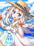  1girl ball beachball blue_eyes clouds dress eyebrows eyebrows_visible_through_hair fate/grand_order fate_(series) hat long_hair looking_at_viewer looking_to_the_side marie_antoinette_(fate/grand_order) ohitashi_netsurou open_mouth outdoors sand sky solo starfish water white_dress 