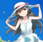  1girl ajino_(sakanahen) alternate_costume arashio_(kantai_collection) artist_name bare_arms bare_shoulders blue_sky bow brown_eyes brown_hair commentary_request day dress grin hands_on_headwear hat hat_bow kantai_collection long_hair looking_at_viewer outdoors sky sleeveless sleeveless_dress smile solo straw_hat sun_hat sundress teeth upper_body white_dress 