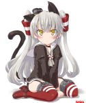  &gt;:&lt; 1girl amatsukaze_(kantai_collection) animal_ears between_legs black_panties cat_ears cat_tail clenched_hands closed_mouth dd_(ijigendd) dress garter_straps hair_tubes hand_between_legs kantai_collection kemonomimi_mode long_hair looking_at_viewer numbered panties red_legwear sailor_dress short_dress silver_hair simple_background sitting striped striped_legwear tail two_side_up underwear white_background windsock yellow_eyes 