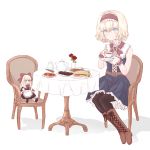  2girls alice_margatroid blonde_hair blue_eyes boots chair cookie cup doll flower food hbkhk2007 multiple_girls pantyhose plate rose sandwich shanghai_doll sitting smile table teacup teapot touhou vase 
