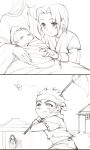  1girl 2boys 2koma ;p baby bandaid bandaid_on_cheek bandaid_on_face bandana brothers butterfly butterfly_net cherry_(10013717) child comic fingerless_gloves genji_(overwatch) gloves hand_net hanzo_(overwatch) headband insect japanese_clothes long_hair multiple_boys one_eye_closed overwatch running short_hair short_sleeves siblings silent_comic tongue tongue_out younger 
