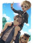  3boys :d blonde_hair blue_eyes brown_hair carrying glasses gloves hakata_toushirou hakusai_ponzu hat heshikiri_hasebe index_finger_raised male_focus midare_toushirou military military_uniform multiple_boys necktie open_mouth red-framed_eyewear shorts shoulder_carry smile touken_ranbu uniform violet_eyes white_gloves 