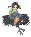  1girl absurdres black_hair black_wings blush caleana crow_tengu egg feathered_wings hair_ornament happy harpy hat highres leaf_hair_ornament monster_girl monster_girl_encyclopedia object_hug pointy_ears red_eyes short_hair signature simple_background skirt smile solo talons tengu tokin_hat white_background wings 