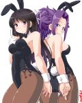  2girls animal_ears ass back-to-back bare_shoulders black_hair blush bow bowtie breasts brown_legwear bunny_girl bunny_tail bunnysuit cleavage dd_(ijigendd) detached_collar fake_animal_ears grin hair_ribbon highres hiyou_(kantai_collection) jun&#039;you_(kantai_collection) kantai_collection leotard long_hair multiple_girls numbered pantyhose purple_hair rabbit_ears ribbon side-tie_leotard smile spiky_hair tail violet_eyes wrist_cuffs 