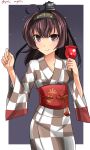  1girl akizuki_(kantai_collection) black_hair candy_apple hachimaki hair_ornament hairband headband hebitsukai-san highres japanese_clothes kantai_collection kimono long_hair obi ponytail sash solo violet_eyes yukata 