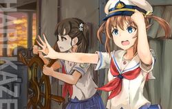  2girls brown_hair clouds cloudy_sky hair_ornament hair_ribbon hand_on_headwear hat high_school_fleet long_hair misaki_akeno multiple_girls natsu_(lilywai0981856227) neckerchief open_mouth orange_eyes outstretched_arm peaked_cap pleated_skirt ribbon school_uniform serafuku ship&#039;s_bridge ship&#039;s_wheel ship_interior shiretoko_rin short_sleeves skirt sky steering_wheel teeth twintails 