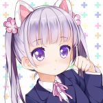  1girl :o animal_ears bangs blush business_suit cat_ears fake_animal_ears flower hair_flower hair_ornament kikistark long_hair looking_at_viewer new_game! paw_pose purple_hair ribbon solo suzukaze_aoba twintails violet_eyes 