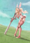  1girl animal_ears armor armored_boots armored_dress bare_shoulders bikini_armor blonde_hair boots bunny_print bunny_tail clouds cloudy_sky fake_animal_ears field gauntlets grass greaves hair_tie head_rest highres holding holding_sword holding_weapon knee_pads leaning_forward long_hair looking_at_viewer meadow navel original planted_sword planted_weapon ponytail rabbit_ears scrunchie sidelocks sky smile solo stomach sword tail thigh-highs thigh_boots weapon 