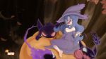  1girl bardan barefoot crazy_eyes crazy_smile drooling feet gastly gengar hat haunter hex_maniac_(pokemon) highres long_hair messy_hair open_mouth pokemon pokemon_(creature) pokemon_(game) pokemon_xy pumpkin purple_hair sitting smile tree violet_eyes wariza witch_hat 