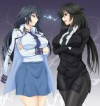  &gt;:) 2girls anger_vein black_eyes black_hair black_legwear black_necktie black_skirt blue_necktie blue_skirt breast_hold breasts brown_eyes closed_mouth commentary cowboy_shot crossed_arms crossover eye_contact formal from_side green_kaminari hida_reiri highres infinite_stratos jacket_on_shoulders large_breasts long_hair long_sleeves looking_at_another masou_gakuen_hxh military military_uniform miniskirt multiple_girls necktie orimura_chifuyu pantyhose parted_lips profile side_slit skirt skirt_suit suit teacher trait_connection uniform 