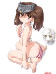  1girl ass bare_arms bare_legs bare_shoulders barefoot bikini blush brown_eyes brown_hair dd_(ijigendd) flat_chest kantai_collection long_hair looking_at_viewer looking_to_the_side numbered ryuujou_(kantai_collection) side-tie_bikini sitting striped striped_bikini striped_swimsuit swimsuit twintails unryuu_(kantai_collection) visor_cap wariza 