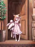  1girl animal_ears bare_shoulders brown_eyes door dress flower_pot frilled_skirt frilled_sleeves frills hand_up highres holding_stuffed_animal long_hair night_clothes original plant red_eyes shading_eyes skirt solo stuffed_animal stuffed_bunny stuffed_toy 