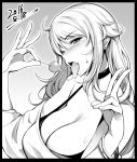  1girl bare_shoulders blush breasts candy choker cleavage dated fesuta greyscale lollipop long_hair looking_at_viewer monochrome off_shoulder original saliva saliva_trail solo sweatdrop teeth tongue tongue_out v 