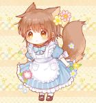  1girl animal_ears apron blush bow bowtie brown_eyes brown_hair chibi child collar dress flower frilled_apron frills full_body hatihamu mary_janes muted_color original puffy_short_sleeves puffy_sleeves shoes short_hair short_sleeves solo striped striped_bow striped_bowtie tail 