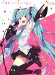  1girl absurdres anniversary aqua_hair arm_up armpits blue_eyes boots confetti detached_sleeves from_side full_body hatsune_miku highres jumping kuro-kinoko-obake long_hair microphone microphone_stand necktie open_mouth skirt solo thigh-highs thigh_boots twintails very_long_hair vocaloid 
