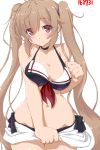  1girl bikini blush breasts brown_eyes brown_hair choker cleavage dd_(ijigendd) hair_ribbon highres kantai_collection large_breasts long_hair murasame_(kantai_collection) numbered ribbon simple_background smile solo swimsuit twintails white_background 