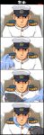  1boy 1girl admiral_(kantai_collection) all_fours animal_ears bangs black_skirt black_vest blue_eyes blue_hair blunt_bangs blush buttons cat_ears cat_tail chair closed_mouth comic commentary_request dd_(ijigendd) embarrassed hat hatsukaze_(kantai_collection) highres jitome kantai_collection kemonomimi_mode looking_at_viewer male_focus military military_uniform naval_uniform no_pupils out_of_frame peaked_cap pleated_skirt silent_comic sitting skirt solo_focus sweatdrop tail uniform upper_body white_hat 