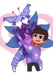  1boy 1girl alternate_form antennae brown_eyes brown_hair dress facial_mark guuuunya_(kay072527) heart heart_eyes highres marco_diaz mole multiple_arms multiple_wings purple_hair purple_skin star_butterfly star_vs_the_forces_of_evil twintails wings 