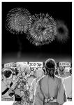  comic contemporary fireworks greyscale highres japanese_clothes kimono long_hair mamezou_(mamechan182) monochrome nara_shikamaru naruto obi sash short_hair summer_festival temari yukata 