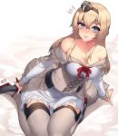  1girl bare_shoulders blonde_hair blue_eyes blush braid breasts capelet cleavage crown french_braid hairband high_heels highres jjune kantai_collection large_breasts long_hair long_sleeves mini_crown off_shoulder sitting solo thigh-highs thigh_gap wariza warspite_(kantai_collection) wide_hips zettai_ryouiki 
