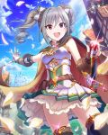  &gt;:d 1girl :d alternate_costume artist_request cape castle drill_hair fingerless_gloves gloves hair_between_eyes hair_ribbon idolmaster idolmaster_cinderella_girls kanzaki_ranko official_art open_mouth petals red_eyes ribbon silver_hair smile sword thigh-highs twin_drills twintails weapon 