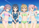  4girls akebono_(kantai_collection) ball bandaid bandaid_on_face beach beach_umbrella beachball bikini black_hair blush breasts brown_eyes brown_hair casual_one-piece_swimsuit clenched_hand clouds condensation_trail crab double_v flat_chest flower goggles goggles_around_neck hair_bobbles hair_flower hair_ornament hand_on_hip highres kantai_collection long_hair multiple_girls navel nedia_r oboro_(kantai_collection) ocean one-piece_swimsuit open_mouth pink_eyes pink_hair polka_dot polka_dot_swimsuit ponytail purple_hair rabbit sazanami_(kantai_collection) scrunchie side-tie_bikini sky smile swimsuit twintails umbrella ushio_(kantai_collection) v very_long_hair violet_eyes wrist_scrunchie 
