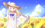  1girl bare_arms bare_shoulders blonde_hair blue_eyes bow bowtie clouds commentary_request dress flower hat highres ji_dao_ji lexington_(zhan_jian_shao_nyu) long_hair looking_at_viewer open_mouth outdoors sky straw_hat sun_hat sundress sunflower uss_lexington_(cv-2) white_dress zhan_jian_shao_nyu 