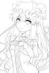  1girl bow hair_ribbon hands_on_own_chest hat hat_ribbon interlocked_fingers lineart long_hair mamepon monochrome patchouli_knowledge ribbon simple_background solo touhou 