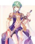  1boy abs braid byleth_(fire_emblem) byleth_eisner_(male) cleavage_cutout cosplay dress fire_emblem fire_emblem:_three_houses green_eyes green_hair hair_ornament hair_ribbon holding holding_weapon male_focus ribbon ribbon_braid side_braid simple_background solo sothis_(fire_emblem) sothis_(fire_emblem)_(cosplay) sword traditional_media twitter_username watercolor_(medium) weapon xin_(24914) 