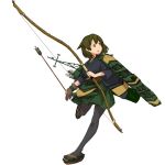  1girl alternate_costume alternate_legwear arrow black_kimono black_legwear bow_(weapon) breasts brown_hair camouflage flight_deck full_body green_hakama hakama_skirt highres hiryuu_(kantai_collection) iwana japanese_clothes kantai_collection long_sleeves one_side_up open_mouth pantyhose quiver sandals short_hair side_ponytail weapon wide_sleeves yugake zuikaku_(kantai_collection)_(cosplay) 
