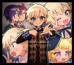  1girl 3boys 5.5 :d ;d aged_down avocado_academy_school_uniform black_border black_jacket blonde_hair blue_eyes blue_hair border brother_and_sister character_name closed_mouth collared_shirt commentary_request epaulettes green_jacket hand_on_own_chest hand_up hands_up happy_birthday highres idol_clothes idol_time_pripara jacket long_sleeves looking_at_viewer male_focus mitaka_asahi multiple_boys multiple_views neck_ribbon one_eye_closed open_mouth outstretched_arm pretty_series pripara reaching reaching_towards_viewer redhead ribbon school_uniform shirt short_hair siblings smile takase_koyoi upper_body v violet_eyes white_shirt yumekawa_shogo yumekawa_yui 