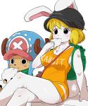  1boy 1girl animal_ears antlers backpack bag blonde_hair blush breasts bunny_tail carrot_(one_piece) cleavage clothes_writing cotton_candy dagashi_(daga2626) eating eyelashes furry hat highres one_piece rabbit_ears tail tony_tony_chopper 
