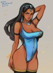  1girl adapted_costume armband black_hair blue_swimsuit breasts brown_eyes cleavage dark_skin dated earrings eyebrows forehead_jewel highleg highleg_swimsuit jewelry large_breasts lips long_hair mina_cream necklace one-piece_swimsuit overwatch solo swimsuit symmetra_(overwatch) thigh-highs 