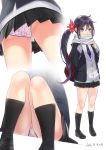  1girl 2016 ahoge akebono_(kantai_collection) ama_mitsuki ass backpack bag black_legwear black_skirt blazer blush cardigan commentary dated flower hair_flower hair_ornament jacket kantai_collection kneehighs knees_together_feet_apart loafers long_hair miniskirt necktie panties pantyshot pantyshot_(sitting) pantyshot_(standing) pink_panties pleated_skirt polka_dot polka_dot_panties purple_hair scarf scarf_over_mouth school_uniform shoes side_ponytail simple_background sitting skirt sleeves_past_wrists solo standing underwear upskirt very_long_hair violet_eyes white_background 