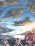  4girls ahoge blonde_hair clouds cloudy_sky dusk empty_eyes garrison_cap glasses hat i-168_(kantai_collection) i-19_(kantai_collection) i-8_(kantai_collection) kantai_collection multiple_girls ocean outdoors partially_submerged ponytail red_eyes school_uniform serafuku silver_bell_(artist) sky smile u-511_(kantai_collection) water 