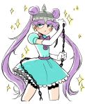  1girl angry blue_dress blue_eyes chain double_bun dress earrings facial_mark guuuunya_(kay072527) helmet jewelry long_hair mina_loveberry puffy_short_sleeves puffy_sleeves purple_hair short_sleeves solo sparkle spiked_helmet star_vs_the_forces_of_evil twintails very_long_hair 