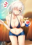  1girl bare_shoulders beach bikini bikini_top black_bikini blue_eyes blush brain_freeze breasts cleavage collarbone commentary_request cowboy_shot denim denim_shorts eating from_above hair_ornament hair_over_one_eye hairclip hamakaze_(kantai_collection) kantai_collection large_breasts looking_up navel ocean one_eye_closed outdoors sand shaved_ice short_hair shorts silver_hair sitting solo spoon swimsuit tears water yatsu_(sasuraino) 