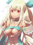  1girl alternate_color bare_shoulders blonde_hair breasts buttons cleavage collarbone dark_skin dated detached_sleeves dizzy guilty_gear guilty_gear_xrd hair_ribbon highres long_hair long_sleeves medium_breasts red_eyes ribbon simple_background smile solo twitter_username white_background zaki_(narashigeo) 