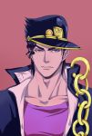  1boy black_hair blue_eyes chain collarbone earrings gakuran hat highres jewelry jojo_no_kimyou_na_bouken kuujou_joutarou male_focus pink_background school_uniform solo stud_earrings tanako_(645316096) upper_body 