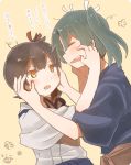  blush brown_eyes brown_hair camouflage cowboy_shot green_hair hair_between_eyes hair_ribbon hands_on_another&#039;s_face ina_(1813576) japanese_clothes kaga_(kantai_collection) kantai_collection long_hair red_ribbon remodel_(kantai_collection) ribbon round_teeth side_ponytail simple_background tasuki teeth translated twintails white_ribbon zuikaku_(kantai_collection) 