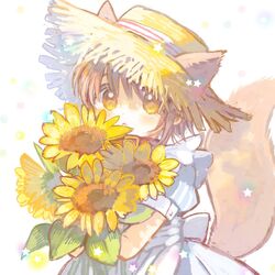  1girl :o animal_ears blush brown_eyes brown_hair child collar dress flower hat hatihamu holding_bouquet looking_at_viewer original puffy_short_sleeves puffy_sleeves sash short_hair short_sleeves solo star straw_hat sun_hat sunflower tail 