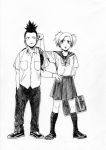  bag comic contemporary greyscale highres long_hair mamezou_(mamechan182) monochrome nara_shikamaru naruto school_uniform serafuku temari 