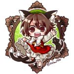  1girl :3 :d animal_ears brown_eyes brown_hair cat cat_ears cat_tail chen chibi hat looking_at_viewer mob_cap multiple_tails open_mouth short_hair smile socha tail touhou twitter_username waving 