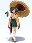  2girls breasts brown_hair closed_umbrella full_body geta green_hakama hakama_skirt hiryuu_(kantai_collection) iwana japanese_clothes kantai_collection long_sleeves multiple_girls one_side_up open_mouth oriental_umbrella sandals short_hair side_ponytail tomonaga_(fairy) umbrella wide_sleeves yellow_kimono 