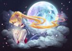  1girl bishoujo_senshi_sailor_moon blonde_hair choker circlet closed_eyes crescent crescent_earrings double_bun earrings elbow_gloves from_side full_moon gang_g gloves glowing hair_ornament jewelry lipstick long_hair makeup moon petals pink_lipstick profile sailor_collar sailor_moon shiny sky solo star_(sky) starry_sky tsukino_usagi twintails upper_body very_long_hair white_gloves 