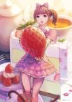  1girl bow brown_hair cake chaang dress food fork fruit hair_bow hair_ornament hair_scrunchie highres holding holding_fruit lips minigirl open_mouth original pantyhose pink_dress purple_hair scrunchie side_ponytail solo standing standing_on_one_leg strawberry teapot 