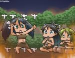  3girls alternate_costume black_hair blue_eyes commentary crescent crescent_hair_ornament dancing dated drum fire green_eyes green_hair hair_ornament hair_ribbon hamu_koutarou instrument isuzu_(kantai_collection) kantai_collection katsuragi_(kantai_collection) long_hair multiple_girls nagatsuki_(kantai_collection) ponytail ribbon sarong shikigami twintails 