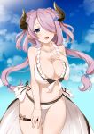  1girl :d bikini blue_eyes blush breasts butterfly_hair_ornament choco_flex cleavage demon_horns doraf double_bun granblue_fantasy hair_ornament hair_over_one_eye highres horns large_breasts lavender_hair long_hair looking_at_viewer low-tied_long_hair midriff narumeia_(granblue_fantasy) open_mouth smile solo swimsuit thigh_strap 