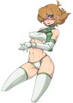  1girl adapted_costume breasts brown_eyes brown_hair covered_nipples glasses hair_over_one_eye highres hyakujuu-ou_golion navel pidge_gundarsson short_hair slugbox small_breasts solo stomach thigh-highs thong voltron:_legendary_defender 