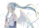  1girl ahoge angel_wings aqua_hair aqua_necktie closed_eyes collared_shirt detached_sleeves feathered_wings from_side hatsune_miku highres holding_microphone long_hair long_twintails microphone mimengfeixue necktie profile shirt simple_background single_wing solo twintails upper_body vocaloid white_background white_shirt wings 